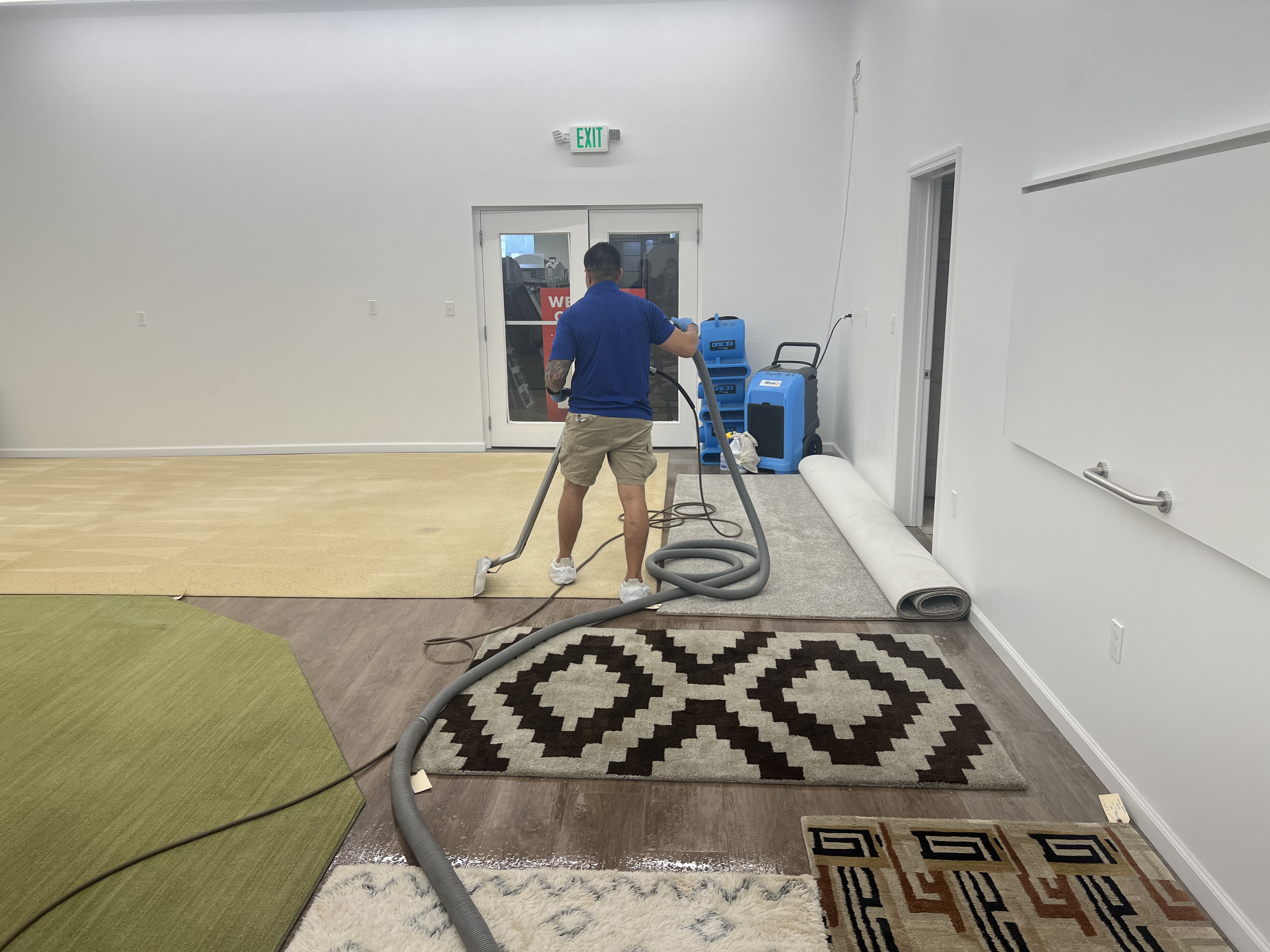 A Royalty Carpet technician cleaning an area rug at our dedicated rug-cleaning facility