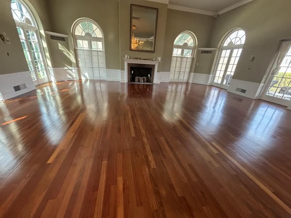 Restored hardwood flooring in a living room