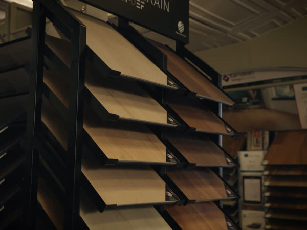 Hardwood flooring samples on display in the showroom